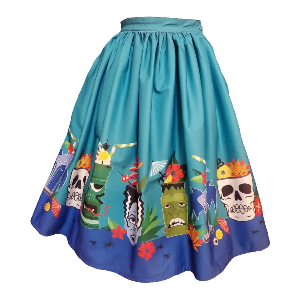 Blue Teal Floral Skull Border Full Circle Skirt